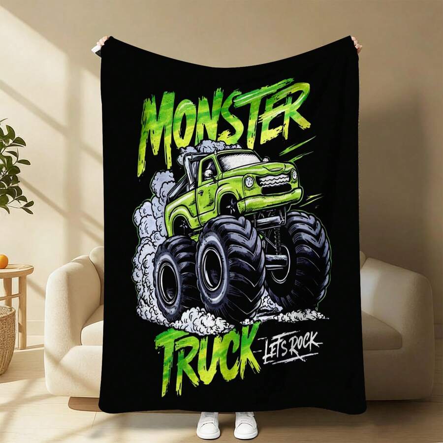 1PC Monster Jam Monster Truck Racing Flannel Throw Blanket 50"X60" (Multiple Sizes) - Green Truck Flying In Dust, Action Shot, Tapestry Wall Hanging, Monster Truck Fan Gift, Room Decor, Perfect For Sofa, Bed, Office -280gsm - nhiều màu 12 - Xem 1