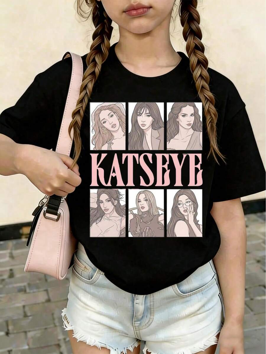 Girl's Clothing, KATSEYE English Street Pattern Printed T-Shirt - Casual Round Neck, Short Sleeved, Washable - Spring/Summer/Autumn, Fashionable, Streetwear - 黑色 - 查看 1