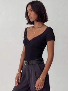 Casual Elegant Basic Short Sleeve Square Neck Top, Suitable For Daily Wear, Commuting, Going Out, Spring And Summer Black - Black - View 3