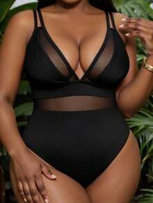 2026 New Women Plus Size One-Piece Swimsuit, Adjustable Double Shoulder Straps, Mesh Splicing Cross Back Design, Solid Color Slim Fit Bathing Suit, Beach Vacation Pool Outfits - Black - View 10