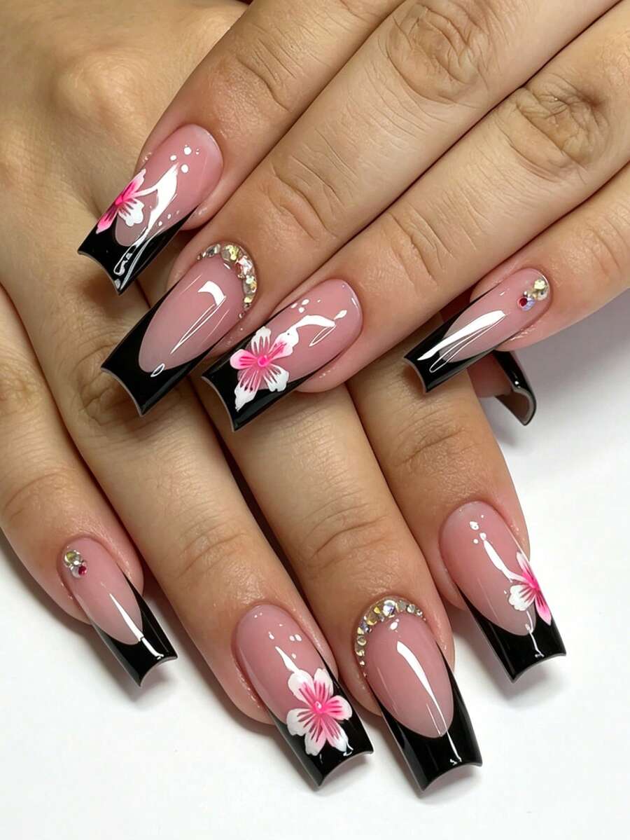24pcs Elegant & Chic Colorful Rhinestone Floral, Gradient Stripe, Polka Dot, Black Edged Glossy False Nails, Fashion Versatile Wear For Dates, Parties, Spring/Summer, Autumn/Winter Daily Use, Removable Press-On Manicure Set With Jelly Gel And File, Random Jelly Gel Delivery - Multicolor - View 1