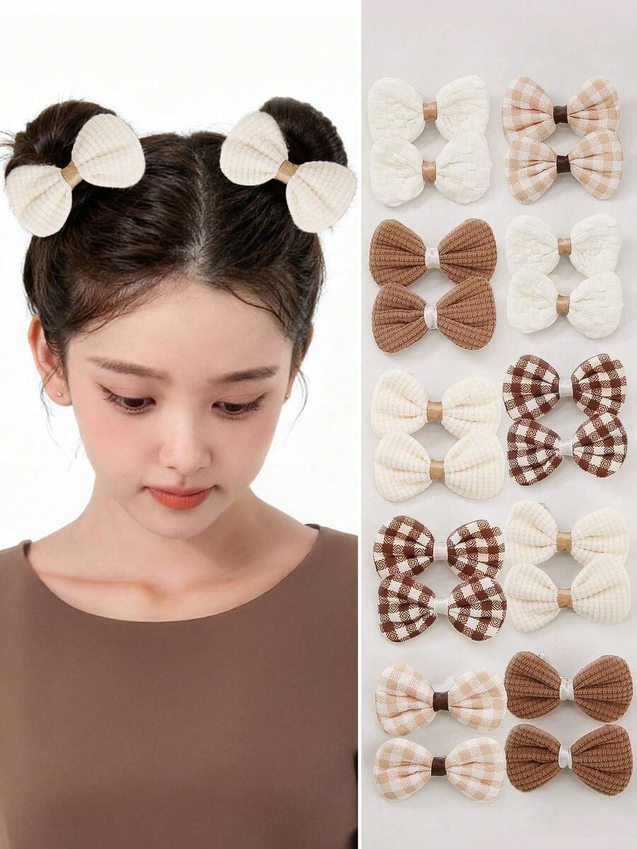 Set de 10 pinzas para el cabello con moño de tela texturizada color caqui sólido para niñas, accesorios de cabello lindos, aptos para uso diario - Multicolor - Ver 1