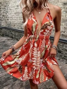 Vestido de verano sexy con cintura alta y volantes, vestido camisero estampado en naranja-rojo tropical, perfecto para vacaciones informales. - Naranja - Ver 2