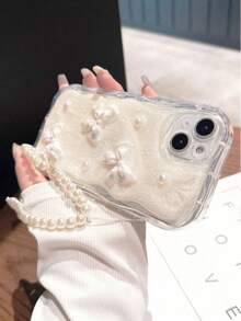适用于 17/17 Pro/17 Pro Max/16/15/14/13/12/11 系列，1 个 Ins 奶油色边缘 3D 珍珠蝴蝶结 + 蝴蝶结挂链，全方位摄像头保护防摔手机壳，时尚环氧树脂手机壳，适用于 17 Pro Max - 白色 - 查看 5