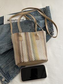Fashionable Woven Shoulder Bag For Spring 2026, Suitable For Daily Use, Casual Outings, Travel, And Vacations - 淺卡其色 - 查看 7