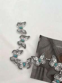 Vintage Turquoise Inlaid Butterfly Waist Chain, Adjustable Metal Bohemian Chain Belt Summer, School Fall, Autumn, Halloween - Silver - View 2