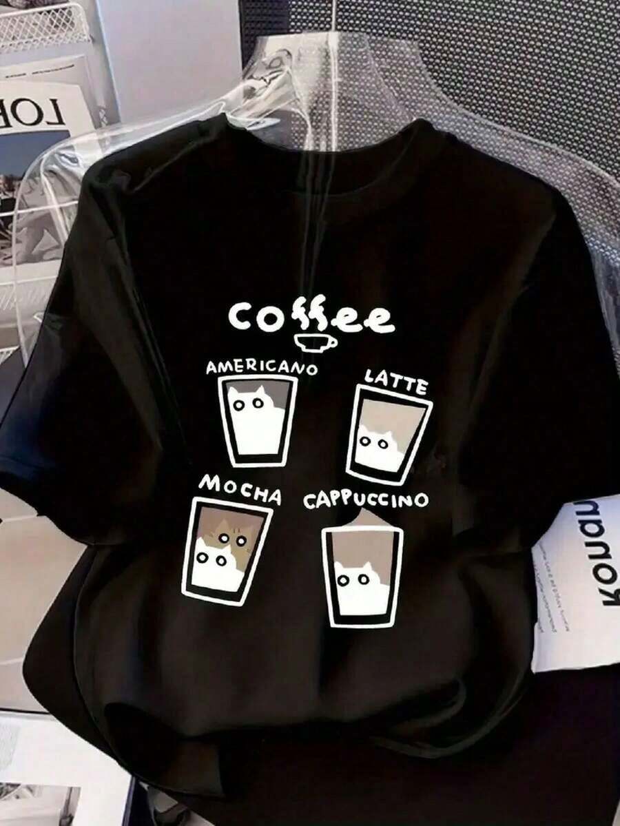 Mujer camiseta divertida con estampado de café, ajuste holgado, cuello redondo, manga corta, primavera-verano, para amantes del café y ocasiones informales, categoría de moda. W4AJ - Negro - Ver 1