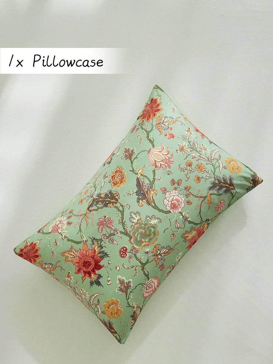 1pc Green Vine & Floral Print Polyester Pillowcase, Vintage American Farmhouse Style Decorative Throw Pillow Cover For Sofa, Bed, All Seasons, Soft & Breathable, Machine Washable, No Filling Included - Green - View 1