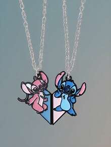 Bộ 2 dây chuyền hình trái tim Stitch hoạt hình dễ thương của Disney, trang sức tình bạn vĩnh cửu, phụ kiện đeo cổ cho cặp đôi, quà tặng tình yêu và tình bạn. - Nhiều màu - Xem 3