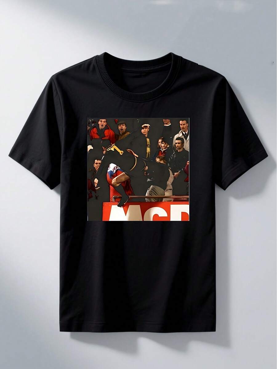 Cantona Football Icon Retro T-Shirt - Famous Iconic Print, Cantona's Characteristic Pose, Breathable Round Neck T-Shirt Suitable For Kids, Casual Wear And Football Fans, Machine Washable, Unisex Retro Style, Fashion Printed Casual T-Shirt, Versatile Style - Black - View 1