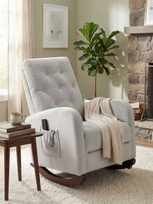 High Back Velvet Rocking Chair, Modern Upholstered Glider Rocker With Side Pocket, Comfy Accent Recliner Chair For Living Room, Bedroom - 淺灰色 - 查看 7