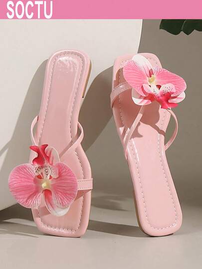 SOCTU Sandal mũi vuông trang trí hoa lan bướm 3D, dép lê đế bằng một quai màu Dopamine mùa hè dành cho nữ, thích hợp đi biển hoặc du lịch.