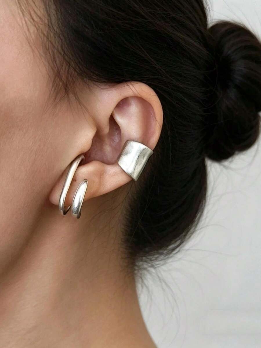 1pc Minimalist Curved Design Fake Ear Cuff Double Hoop Earrings, Women's Jewelry, Punk Chic Ear Cuff Accessory - White - View 1