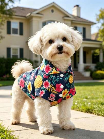 1pc Pet Dog Shirt, Hawaiian Pineapple Print, Lightweight Breathable, Suitable For Small Dogs Beach Vacation Outdoor Walking Photo Shoot In Summer, Applicable For Poodle Chihuahua Maltese Schnauzer