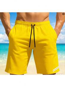 Quick-Dry Beach Shorts With Coastal Scenery Print, Lightweight Drawstring Beach Shorts, Casual, Slightly Stretchy, Perfect For Summer Vacations, Surfing, Beach, Pool, Gym, Fishing, Basketball, And Outdoor Activities.Free Shipping - 黃色 - 查看 1