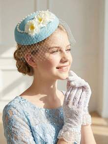 2 peças/Conjunto Chapéu Fascinator de Tule Azul com 3 Flores Pequenas para Meninas Adolescentes + Luvas de Renda Branca, Conjunto de 2 Peças Chapéu Fascinator de Tule, Acessórios de Fotografia de Vestido de Noiva, Acessórios de Cabelo para Decoração de Casamento, Acessórios de Cabine de Fotos de Festa, Acessórios de Casamento, Acessórios de Vestido de Noiva, Acessórios de Cabine de Fotos de Festa - Azul - Visão 5