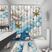 1/4pcs 3D Wave & Starfish Shower Curtain Set, Bathroom Curtains With Carpet, Shell & Pearl Decor, Bathroom Set Includes Shower Curtain And Rug, White Floral Shower Curtain For Toilet Lid - A - View 10