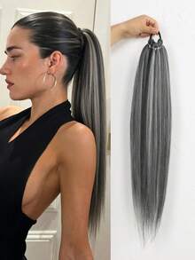 26" Long Synthetic 6-Strand Golden Highlights/Black Blonde Highlights Straight Soft Natural Ponytail Ponytail Extensions Elastic Band Wrap Around Straight Ponytail Extension For Women - Multicolor - View 12