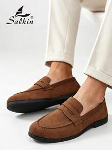 Salkin Luxury Men's Penny Loafers, Solid Color Faux Suede Casual Leather Shoes, Affordable Luxury For Modern Living, Soft Comfortable Breathable Non-Slip Wear-Resistant Sole, Fashionable Elegant Gentleman Social Shoes, Versatile For Suits, Students, Graduation, Preppy Style, Business Formal, Office, Party, Banquet, Wedding, Groom Shoes, Spring Summer Autumn, Size Runs Large, Recommend Choosing One Size Smaller - Mocha Brown - View 8