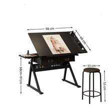 Adjustable Drawing Drafting Table Desk With 2 Drawers For Home Office And School With Stool(Black) - A - View 2