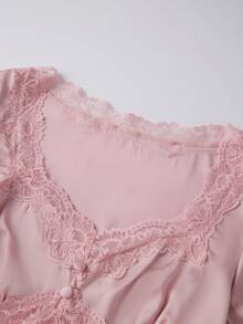 Womens Summer Satin Tops Lace Patchwork Short Puff Sleeves V-Neck Blouse with Adjustable Ribbon Ties - Rosa - Ver 7
