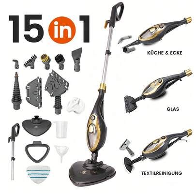SUPERLEX 15-in-1-Dampfreiniger, Dampfmopp (Gold), Multifunktions-Boden- und Handdampfreiniger, 1500 W, Wassertankkapazität 330 ml, Reiniger für die Tiefenreinigung von Böden und Hartholz-Bodenfliesen.