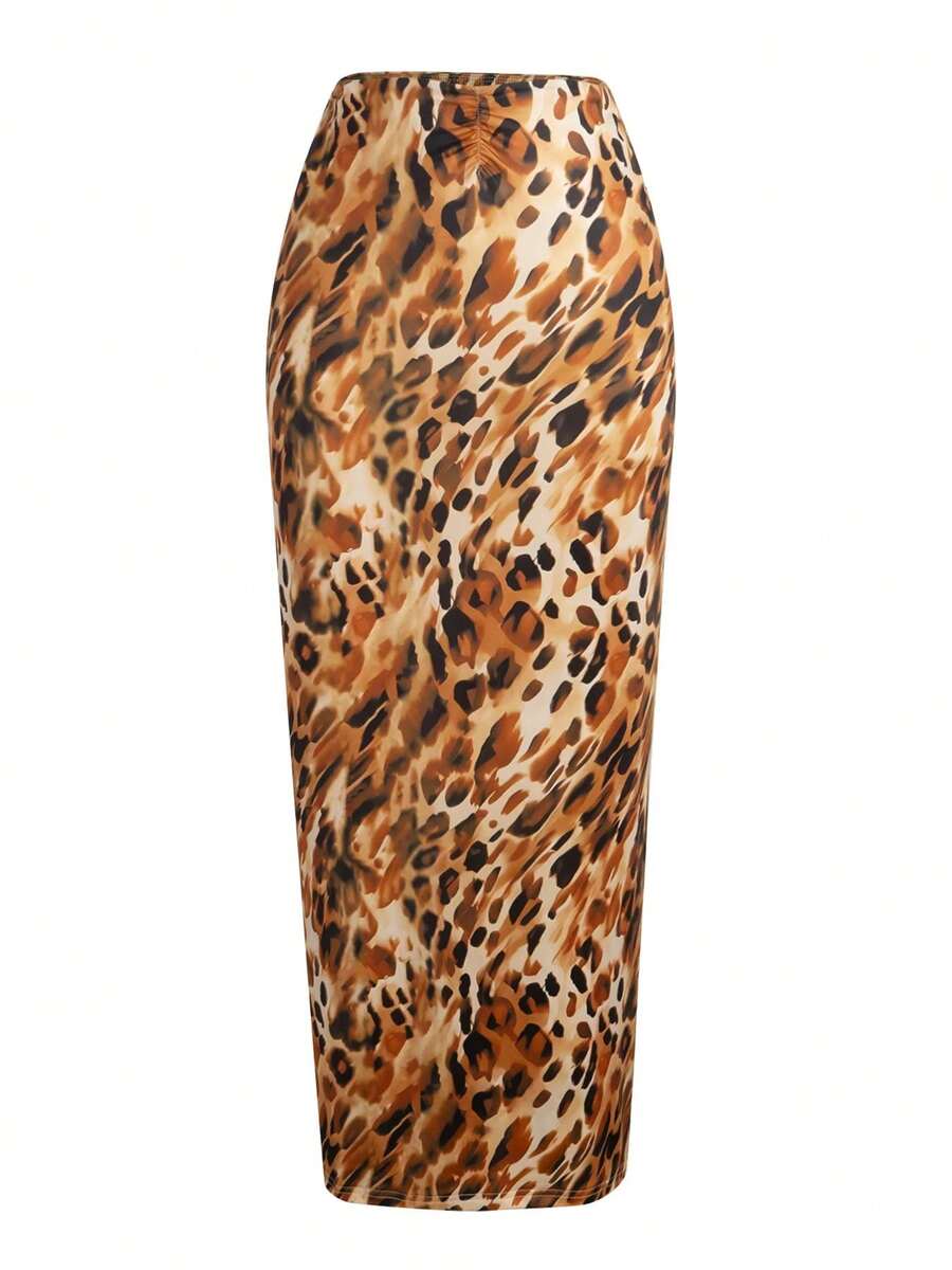 Falda Maxi Ajustada con Estampado de Leopardo, Cintura Alta, para Mujer, Moderna, Nueva, Primavera-Verano, Vacaciones, Playa, Citas, Ligera - múltiple - Ver 1
