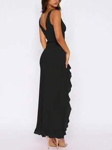 European And American Style Women's Summer New Ruffle Hem Sexy Black Dress, Party & Everyday Versatile Evening Gown Wedding Spring - Black - View 5