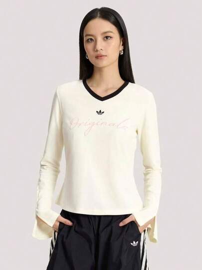  Adidas Originals Stylish And Versatile Casual Knitted Sports V-Neck Long Sleeve T-Shirt For Women