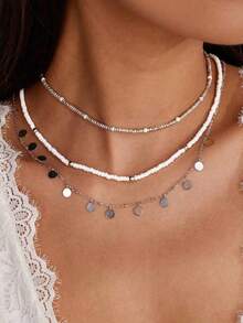 3pcs New Beach Bohemian Style Rice Bead & Silver Sequin Handmade Woven Necklace - màu đen - Xem 2
