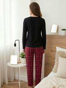 Women's 100% Cotton Letter Print Long Sleeve Top & Plaid Pants Pajama Set, Casual Two Pieces Loungewear Sleepwear Set - Black - View 3