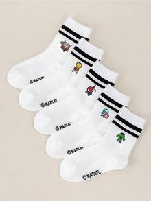 Marvel 1/5 pares de calcetines para niños con estampado de Spider-Man y Thor, calcetines de burbujas, calcetines de volantes de burbujas, calcetines de tripulación blancos con doble raya negra, calcetines tobilleros para niñas, calcetines tobilleros para niños, calcetines tobilleros suaves y transpirables, calcetines náuticos antideslizantes, calcetines tobilleros con estampado de dibujos animados geniales, estilo casual lindo - Multicolor - Ver 2