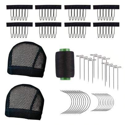 Black Crochet Hat Set, Includes 2 Crochet Hats, 6 Fabric Clips, And 1 Sewing Kit, Suitable For Wig Making