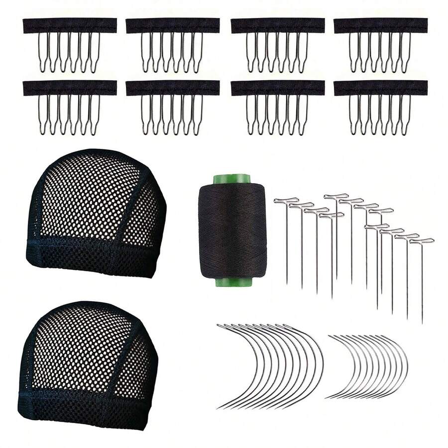 Black Crochet Hat Set, Includes 2 Crochet Hats, 6 Fabric Clips, And 1 Sewing Kit, Suitable For Wig Making - View 1