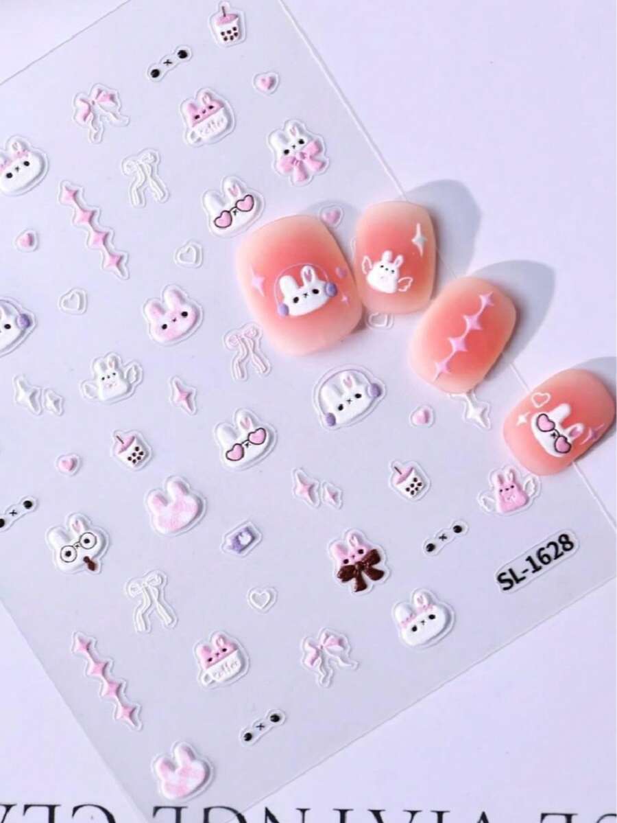 Sweet Girl Exclusive Soft & Cute Rabbit Nail Stickers, 3D Embossed Cartoon Rabbit Nail Art DIY Decor - Multicolor - View 1