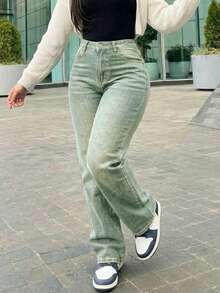 Women's Vintage-Style Wide-Leg Straight-Leg Jeans, Casual For Spring - 淺色水洗 3 - 查看 9
