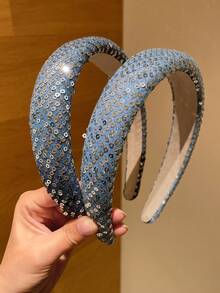 1pc Women's French Elegant And Gentle Versatile Denim Sequin Headband, Suitable For Daily Use At Home, School, Beach, Work Commute, Party. Helps Tame Flyaway Hair, Can Be Given As A Gift. Super Youthful, Meets Daily Matching Needs. Great For Beach Vacation, Dates, Work Commute, Easy To Style, Practical Item!,Festival,Birthday - Multicolor - View 3