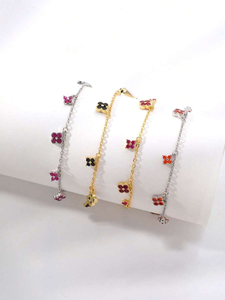 1pc Elegant Lucky Clover Shaped Chain Bracelet, Suitable For Casual Daily Wear - Multicolor - View 1