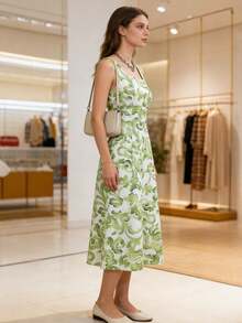 Womens Floral Print A-Line Midi Dress Slim Fit Elegant Summer Dress Lightweight Casual Outfit - Yellow-Green - View 3