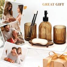 Reeded Glass Tumbler Set Of 4 - 330ml &400ml Amber Bathroom Accessories, Vertical Ribbed Design For Modern Home Decor, Minimalist Countertop Storage - 330ml - View 7