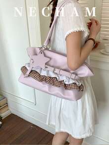1 pieza Bolso de hombro único con diseño de volantes y patchwork, bolso de gran capacidad para estudiantes/trabajo - Rosa - Ver 2