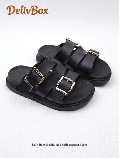 1 par de sandalias para niñas con cinta de satén de contraste, hechas de piel de PU y material de corcho suave, diseño cómodo de slip-on, punta abierta de bajo perfil, hebilla, estilo plano, casual para juegos de verano en interiores y exteriores