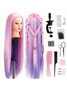Đầu ma-nơ-canh tập luyện bằng tóc tổng hợp màu hồng tím ombre 27,5 inch, chịu nhiệt, dùng để học sinh học nghề làm tóc, học tết tóc, tạo kiểu, uốn và nhuộm. - Hai màu hồng và tím-FJM004-5 - Xem 9