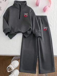 2pcs Tween Girl Cartoon Print Solid Color Sweatshirt And Pants Set, Minimalist Design, Comfortable For Spring, Autumn And Winter - Dark Grey - View 1
