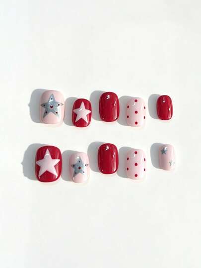 10pcs It Features A Vibrant Sweet-And-Cool Palette Of Rich Cherry Red And Soft Blush Pink, Adorned With Embossed Star Motifs, Metallic Silver Star Details, And Classic Retro Red Polka Dots, Exuding A Playful Energetic Y2K Daily Chic Vibe.