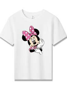 Disney Minnie Mouse Waving Printed Pattern T-Shirts For Girls - Children's Clothing Design Short-Sleeved Casual And Cute Style Comfortable And Casual Wear All Year Round Suitable For Parties And Play Machine Washable Gift Children's Clothing Girls' Short-Sleeved Shirts - 白色 - 查看 2