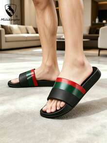 [Spring/Summer New] Men's Sports Slippers, Thick & Durable EVA Sole, Black/Red/Green Fashionable Colors, Plus Size Non-Slip Slides, 2CM Heel Height, Size 36-50, Slip-On House Slippers, Shower Shoes, Indoor Sandals, Extremely Comfortable, Lightweight, Non-Slip, Suitable For Summer Casual, Outdoor, Beach And Vacation. - Black - View 6