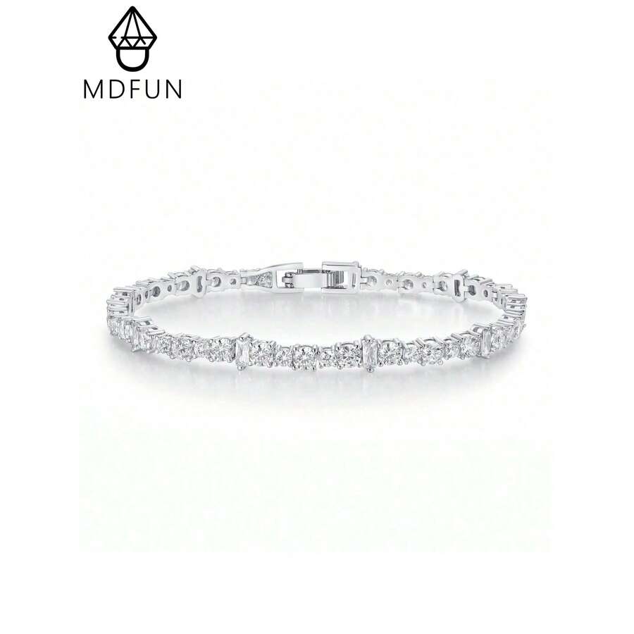 Vòng tay tennis mạ vàng trắng 18K tinh tế, đính đá Cubic Zirconia và Zirconia hình chữ nhật, trang sức thời trang dành cho nữ. - Trắng + Họa tiết hình học - Xem 1