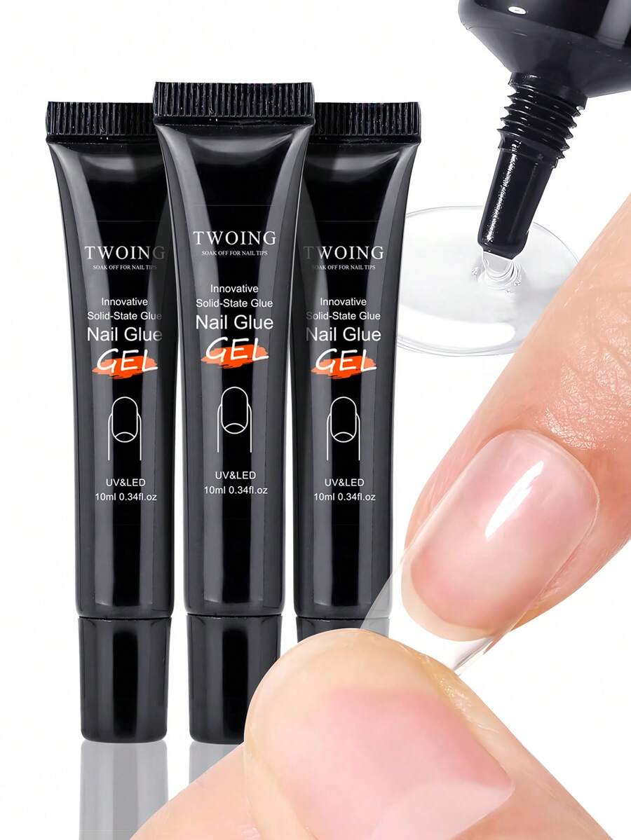 TWOING Solid Color Nail Glue Gel, 3-In-1 Nail Glue, Suitable For Fake Nail Tips, Rhinestones, Gems And Large Nail Decorations, Long-Lasting And Strong