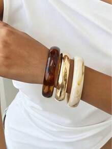 3 piezas de brazaletes acrílicos de textura de ámbar vintage de resina, diseño apilable de moda, adecuado para uso diario de mujeres (el color del brazalete puede variar ligeramente por lote) - Multicolor - Ver 2